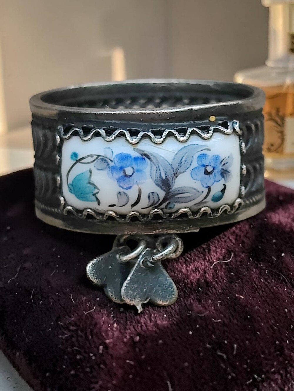 Antique Art Deco Sterling Silver Porcelain Ring